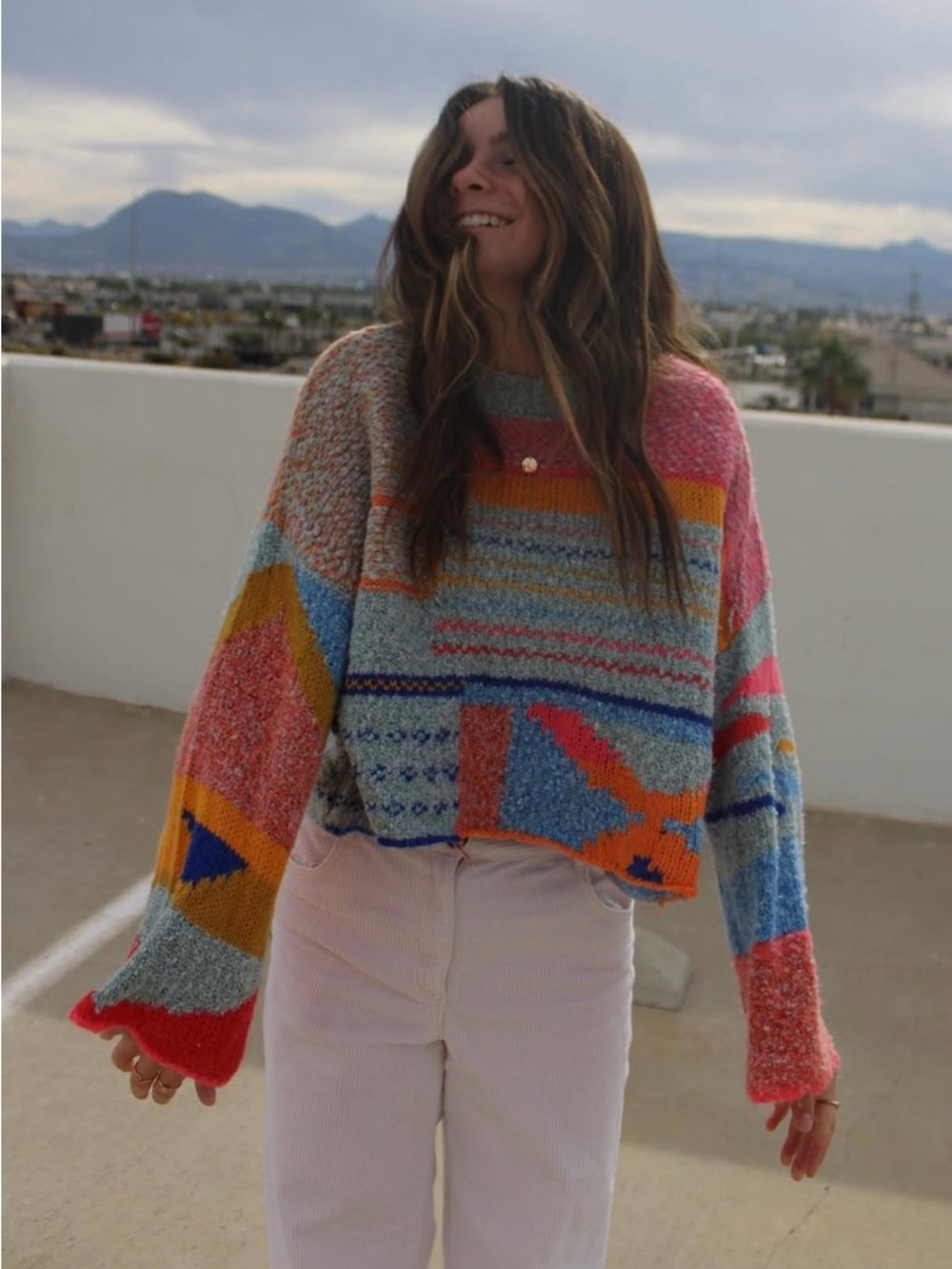 Francesca’s Multicolor Patchwork Knit Sweater NWOT